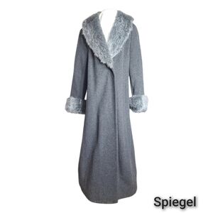 Blushe by Spiegel Grey Long Wool Coat Faux Fur Collar Cuffs Size 12 USA